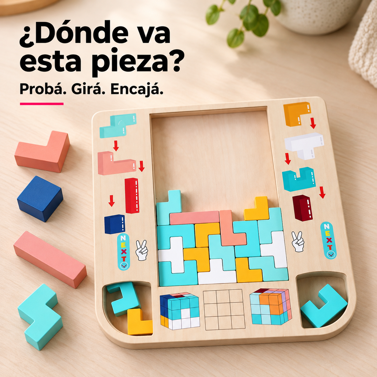 Rompecabezas S26F18001 de madera con tablero y piezas de encastre de colores.