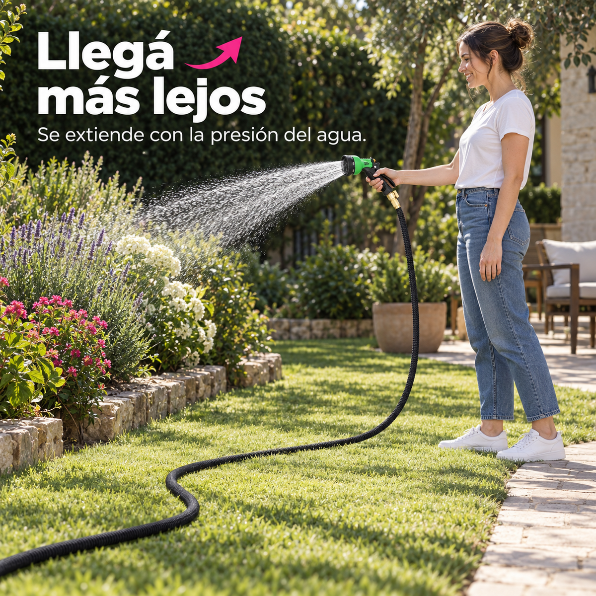 Manguera Extensible 22,5 m con Pistola de Riego de 8 Patrones
