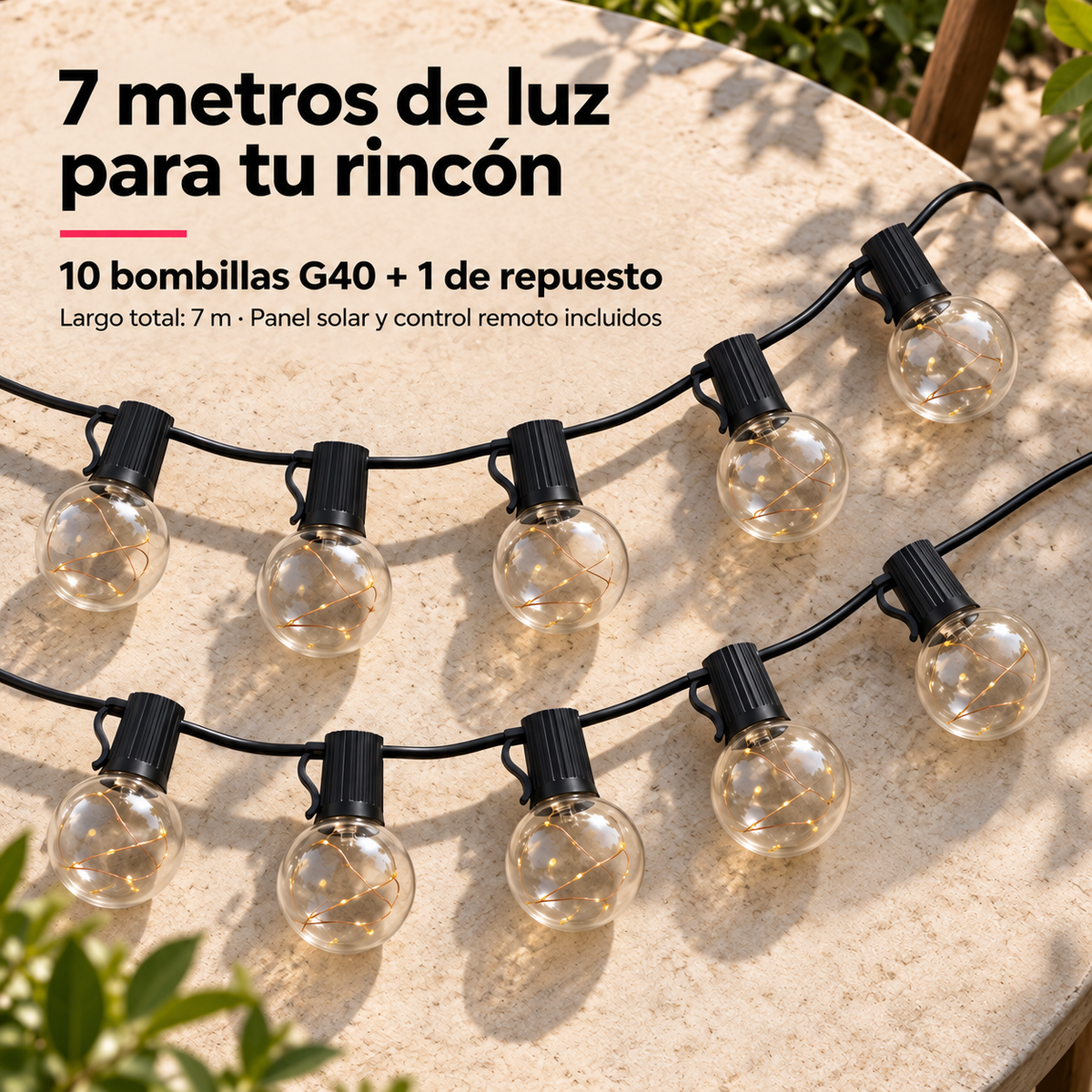 Guirnalda Solar Micro LED 7 m con 10 Bombillas G40 y Control Remoto