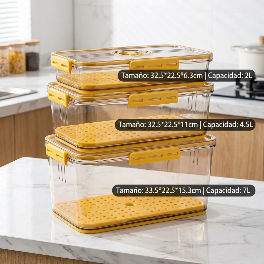 Set 3 Organizadores Heladera Tapers Herméticos Escurrido