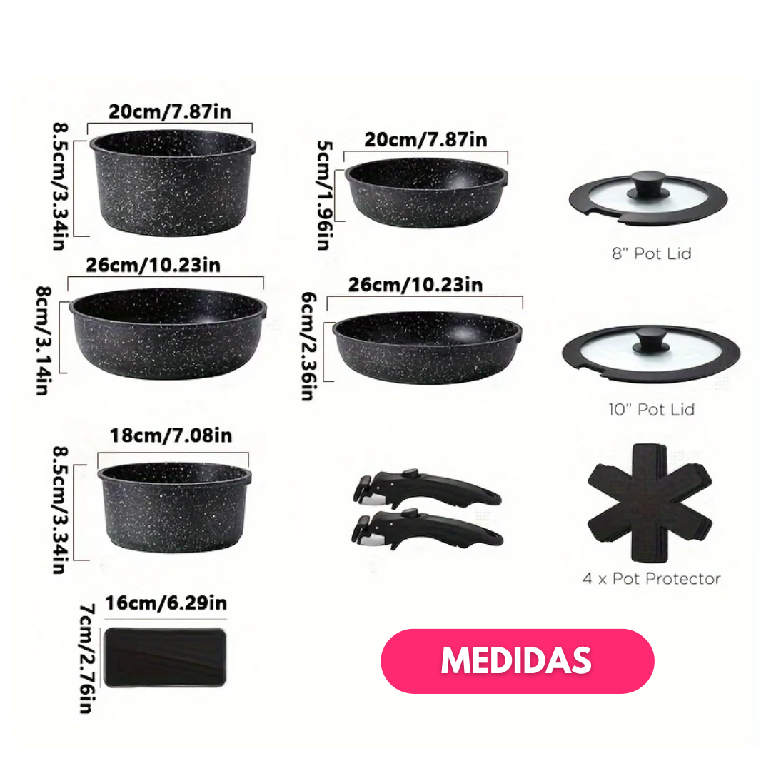 Juego de Ollas Antiadherente 11 Piezas Con Mango Removible