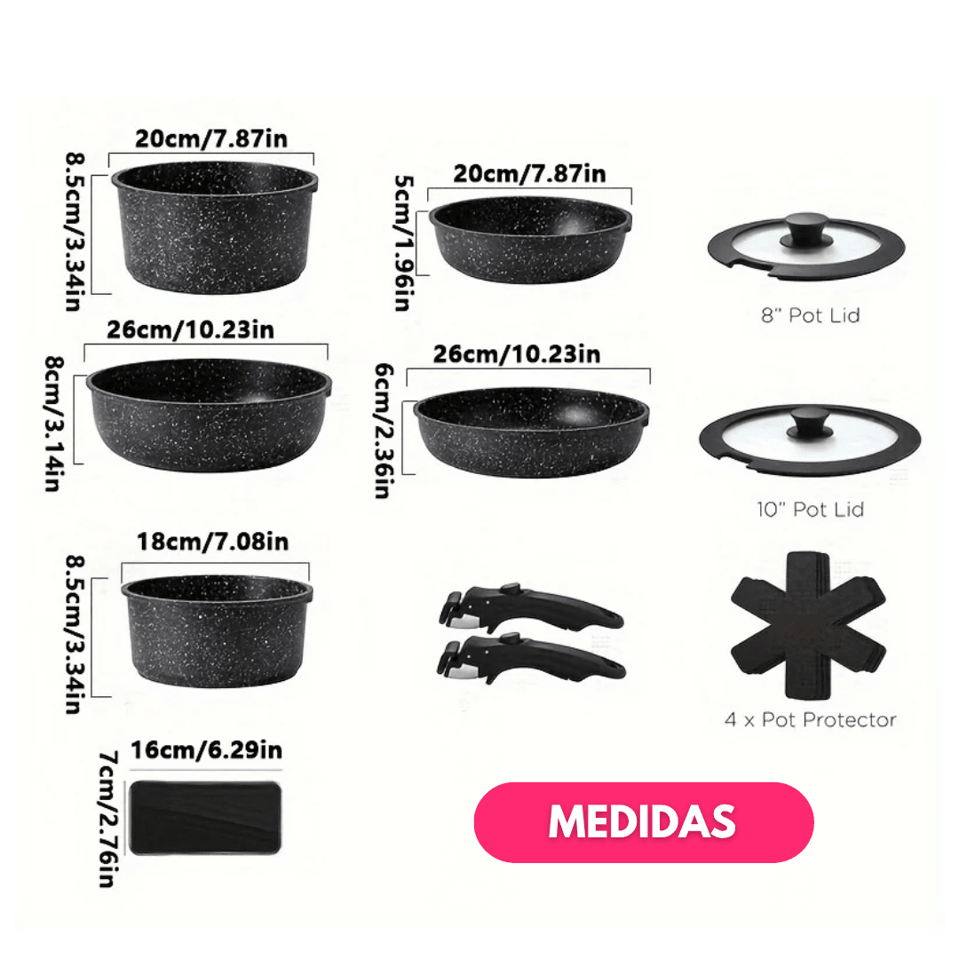 Juego de Ollas Antiadherente 11 Piezas Con Mango Removible - Muy Moderna Uruguay