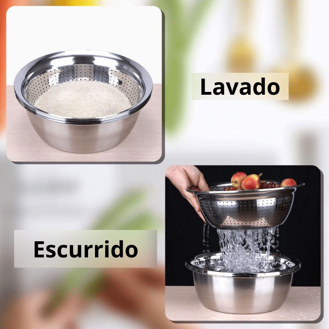 Set 3 en 1 Bowl Con Colador y Rallador en Acero Inoxidable - Muy Moderna Uruguay