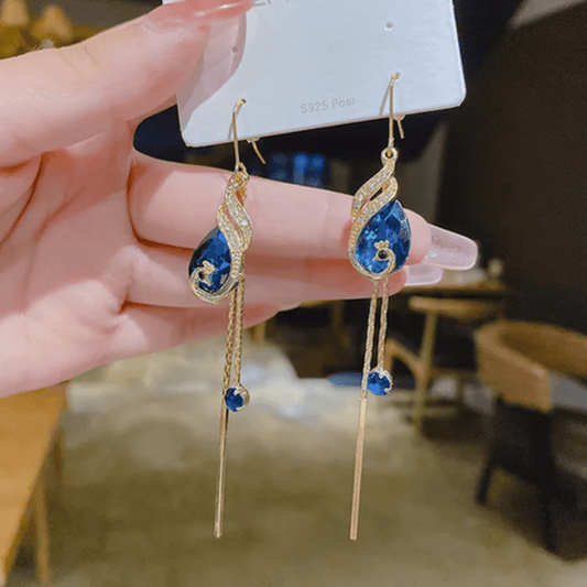 Caravanas Enchapadas En Oro 18K - Pavo Real Con Cristal Azul - Muy Moderna Uruguay