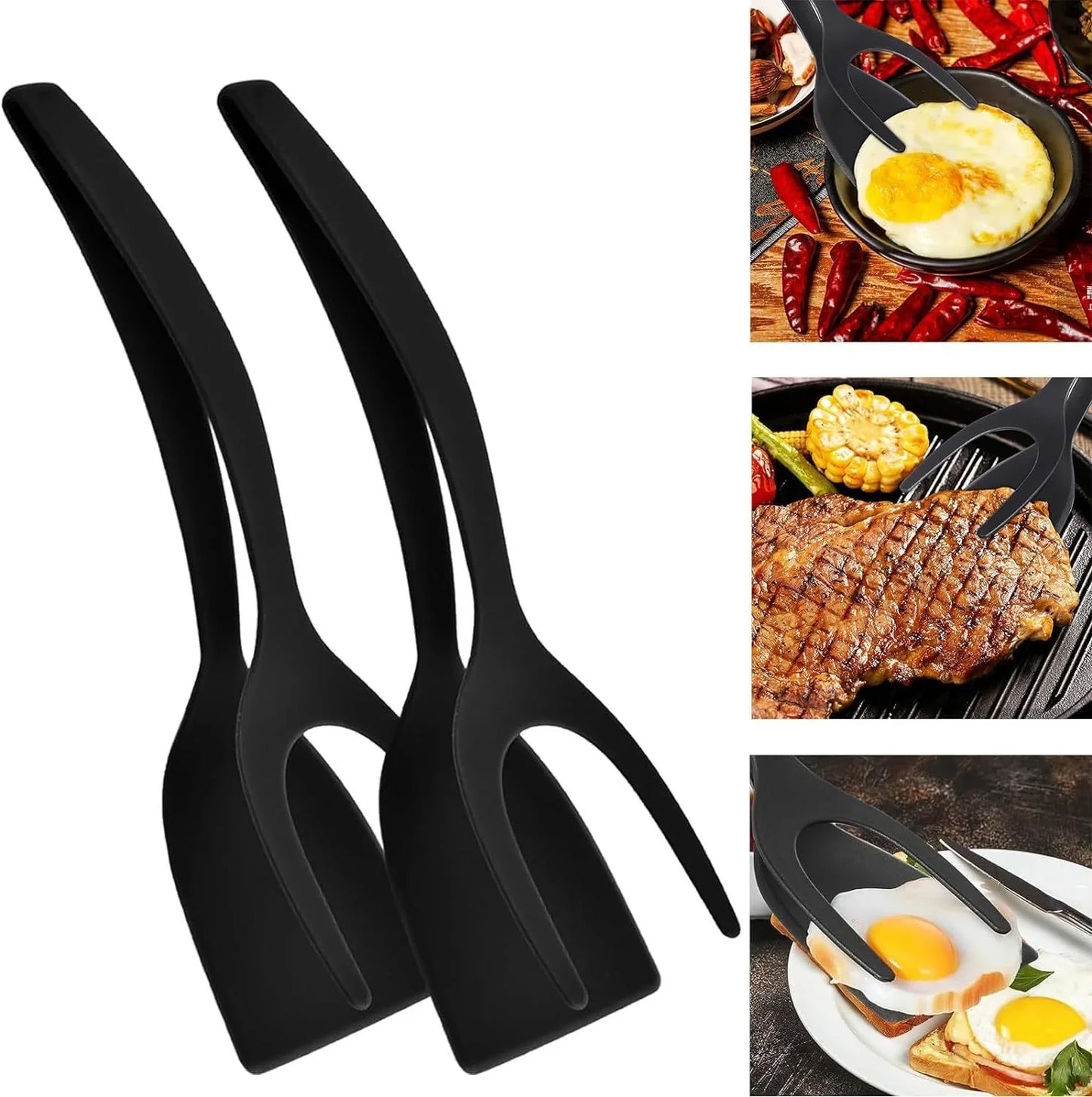 Espatula Pinza 2 en 1 Ideal para Huevos, Carne, Panqueques