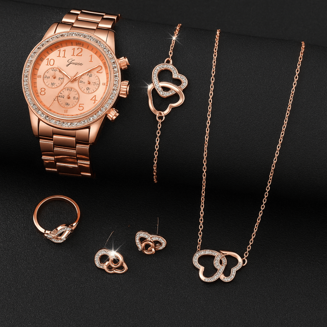 Set Elegante Reloj Pulsera Collar Aros Anillo Mujer De Lujo - Muy Moderna Uruguay