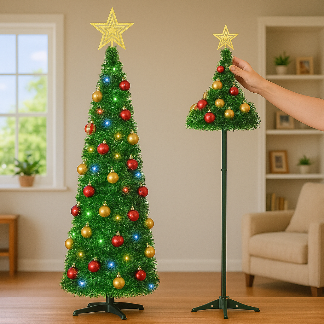 Árbol Navideño Autoarmable 150 cm Plegable con Luces LED y Adornos Incluidos