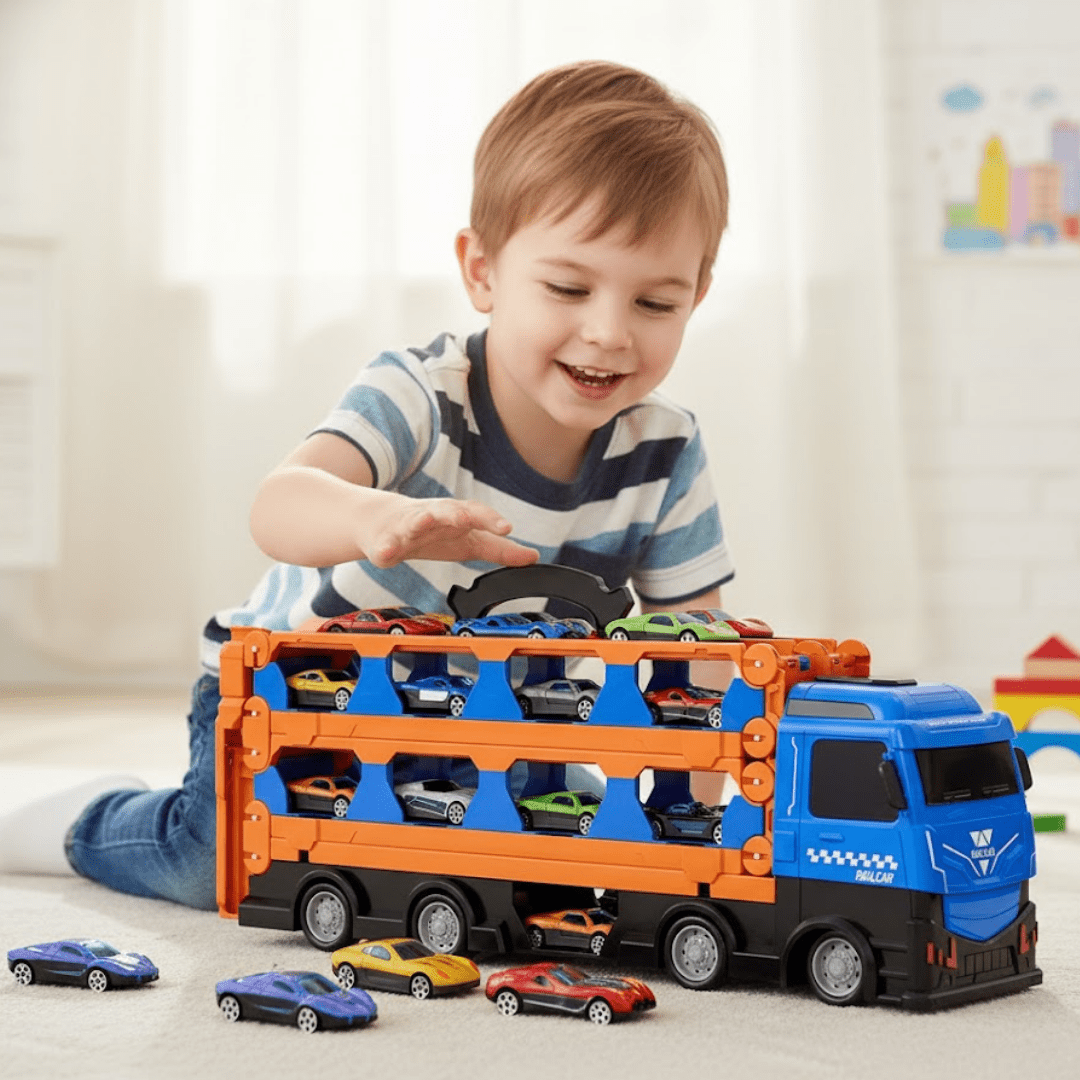 Camión Transportador Con Pista Y 12 Autos Juguete Para Niños - Muy Moderna Uruguay