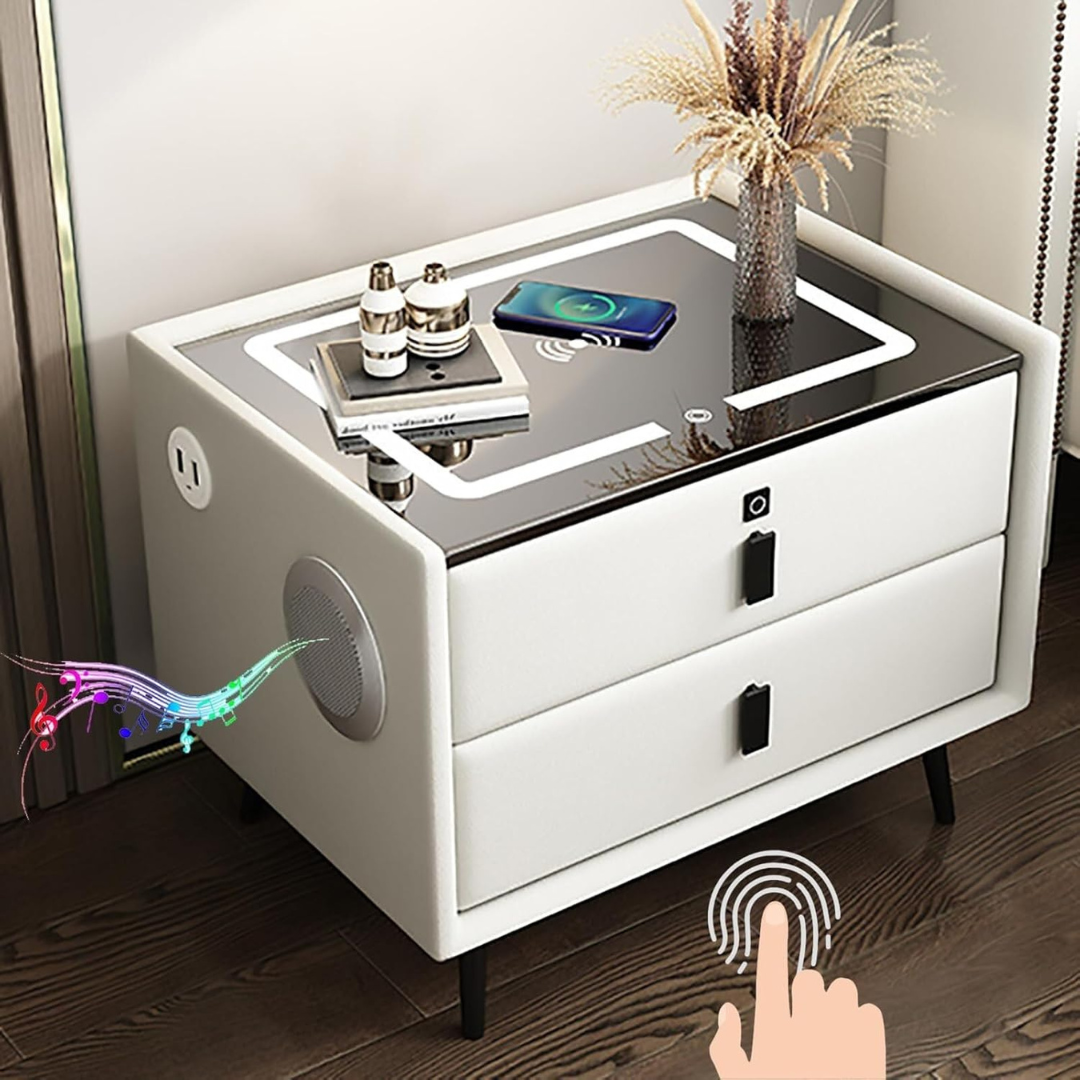 Mesa De Luz Inteligente con Led, Carga Inalámbrica, Parlantes, Bloqueo por Huella