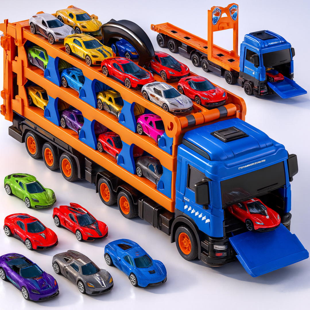 Camión Transportador Con Pista Y 12 Autos Juguete Para Niños - Muy Moderna Uruguay
