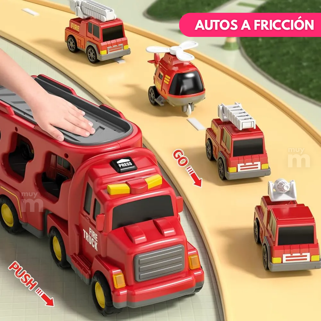 Camión Bombero Transportador Con 6 Autos Juguete Para Niños