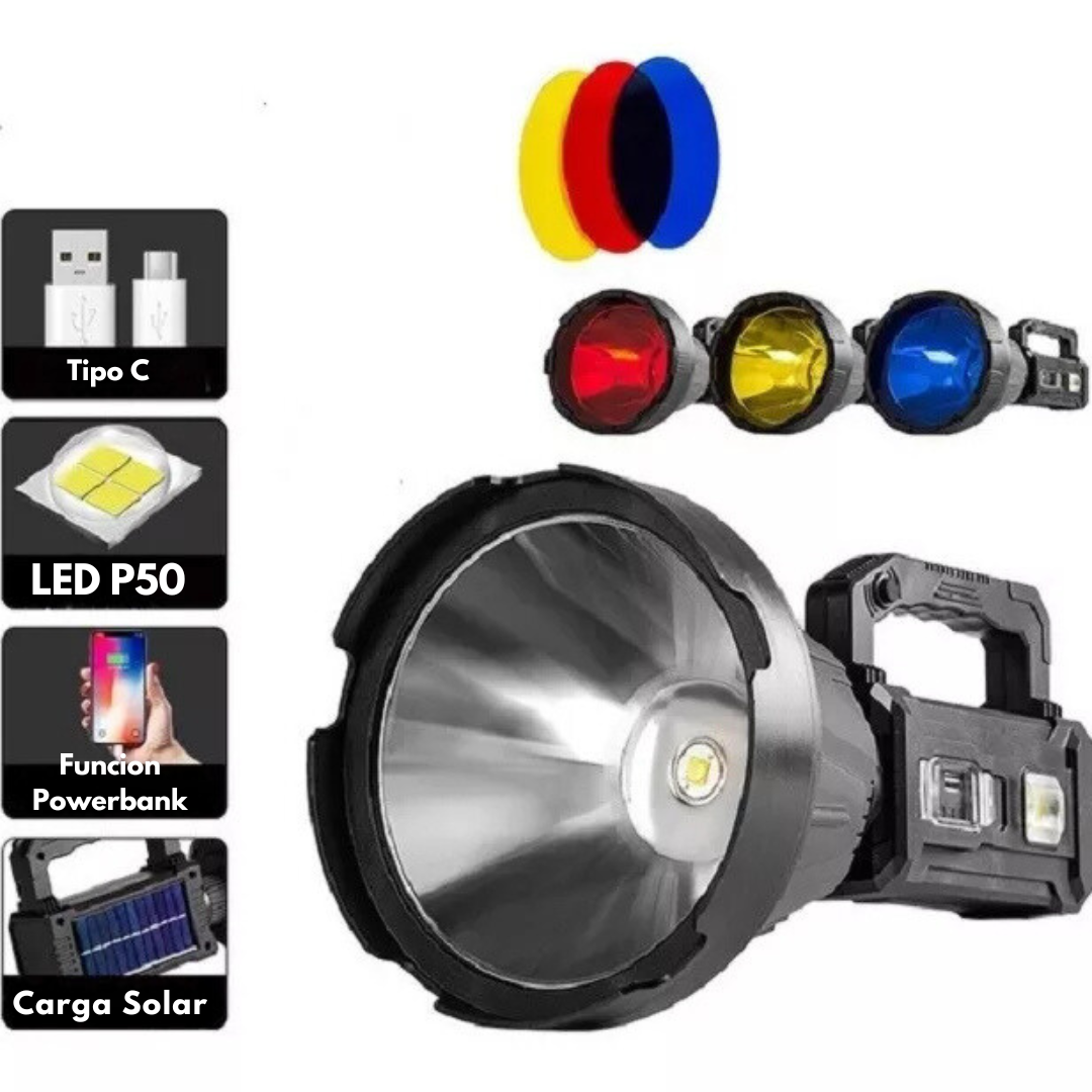 Linterna con Carga Solar, Focos de Colores Y Emergencia