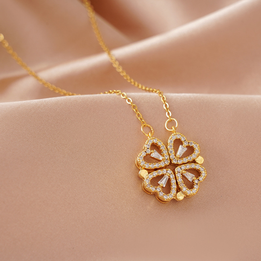 Collar Trebol De Corazones Dorado Magnetico