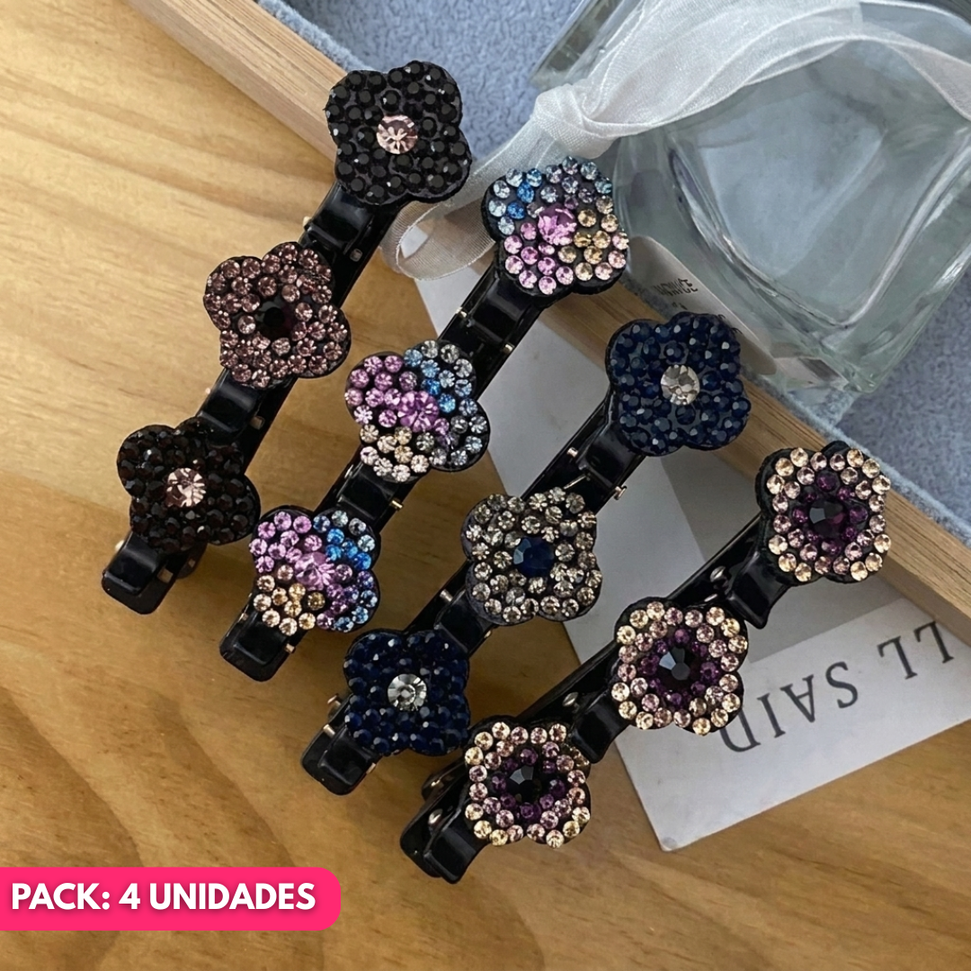 Pinzas Cabello Pelo Strass Flores Brillantes Set x4