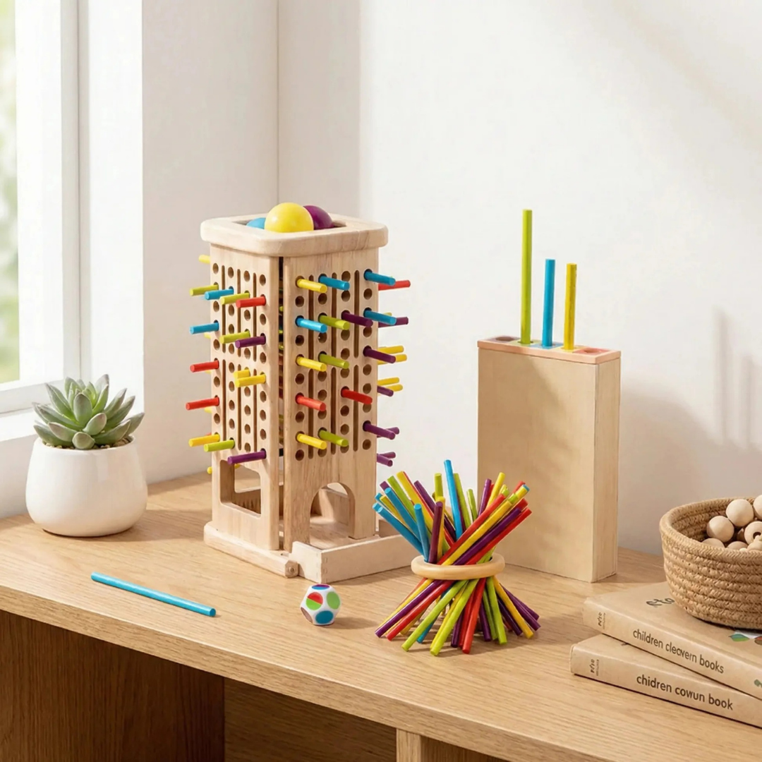 Juego de Mesa Torre de Equilibrio de Madera con Pelotas 3 en 1