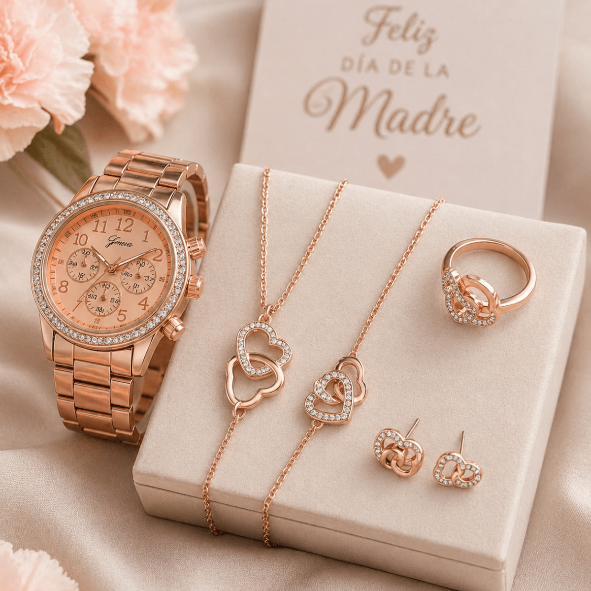 Set Elegante Reloj Pulsera Collar Aros Anillo Mujer De Lujo - Muy Moderna Uruguay