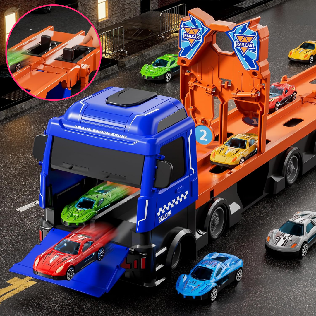 Camión Transportador Con Pista Y 12 Autos Juguete Para Niños - Muy Moderna Uruguay