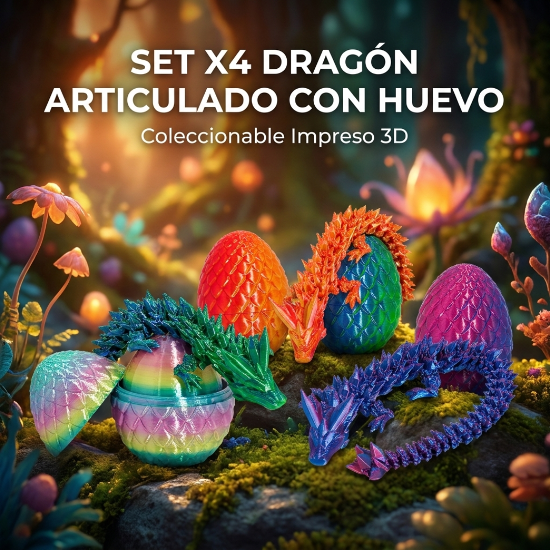 Set Coleccionable de 4 Dragones Articulados Impresos en 3D con Huevo