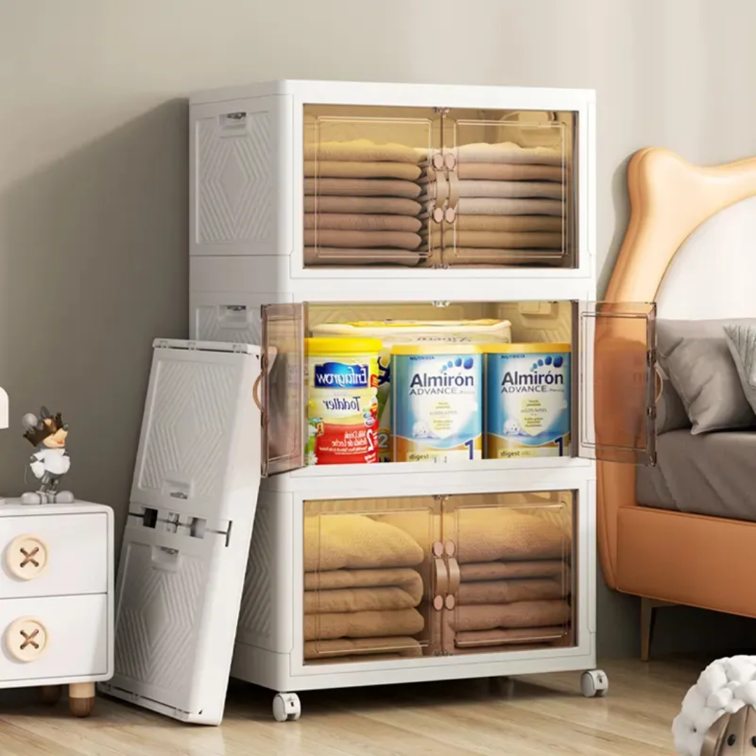 Set De 4 Cajas Organizadoras Apilables Con Puertas Transparentes y Ruedas