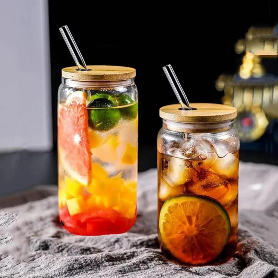Vaso de Vidrio Resistente con Tapa de Bambu
