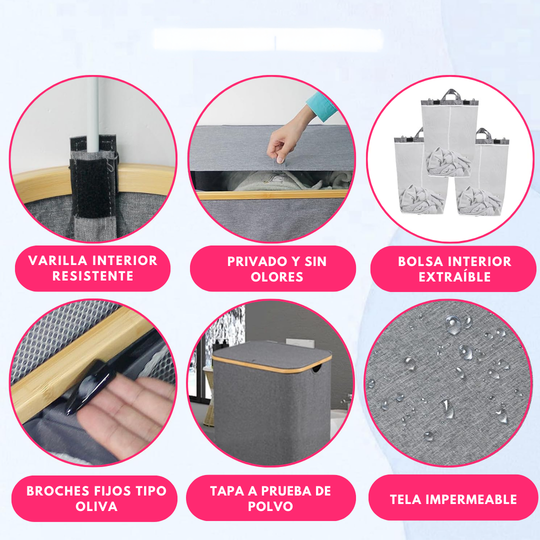 Canasto Cesto Separador De Ropa Sucia Bambú Grande con Tapa