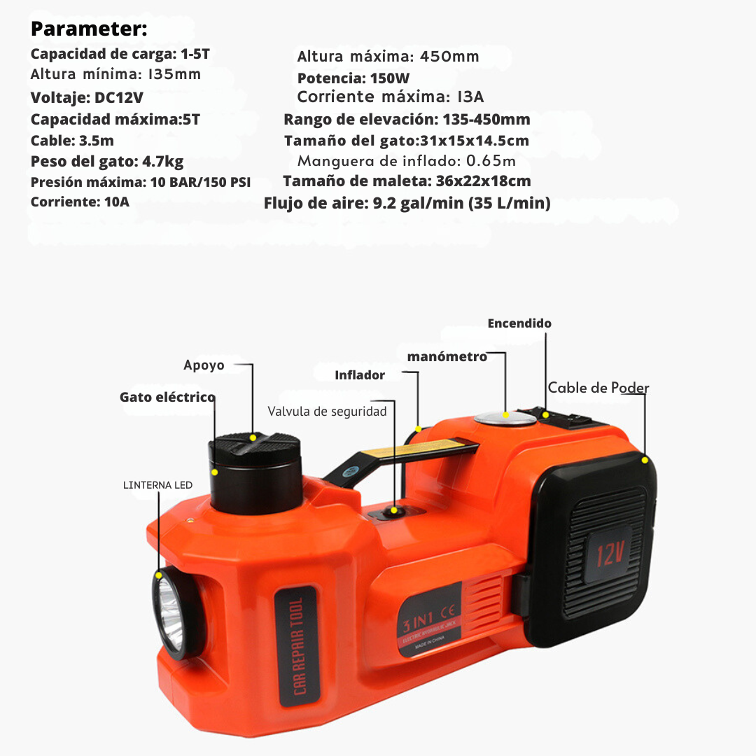 Kit de Auxilio Gato Eléctrico Con Inflador y Llave de Impacto