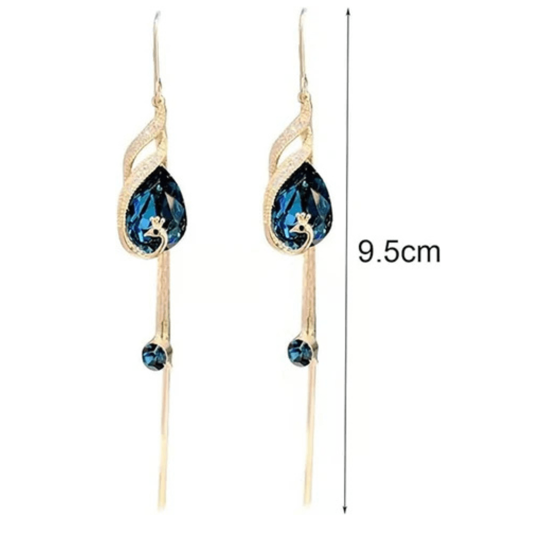 Caravanas Enchapadas En Oro 18K - Pavo Real Con Cristal Azul - Muy Moderna Uruguay