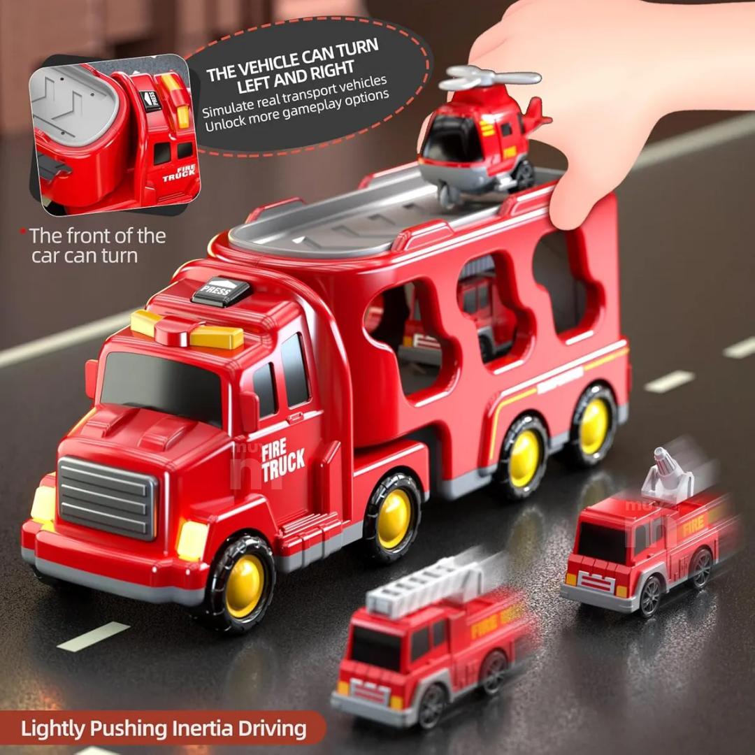 Camión Bombero Transportador Con 6 Autos Juguete Para Niños