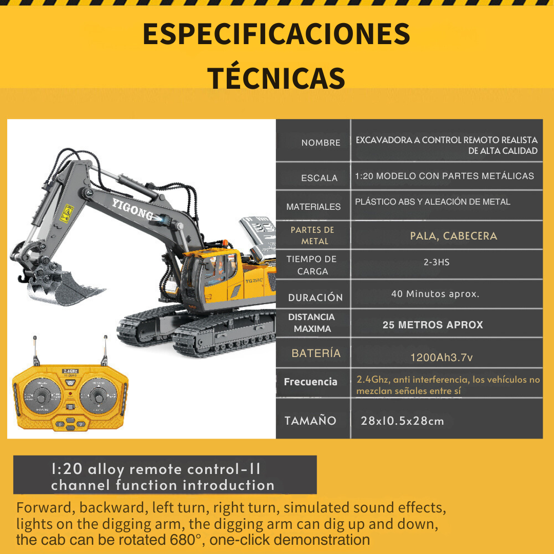 Juguete Excavadora Realista Con Brazo Control Remoto
