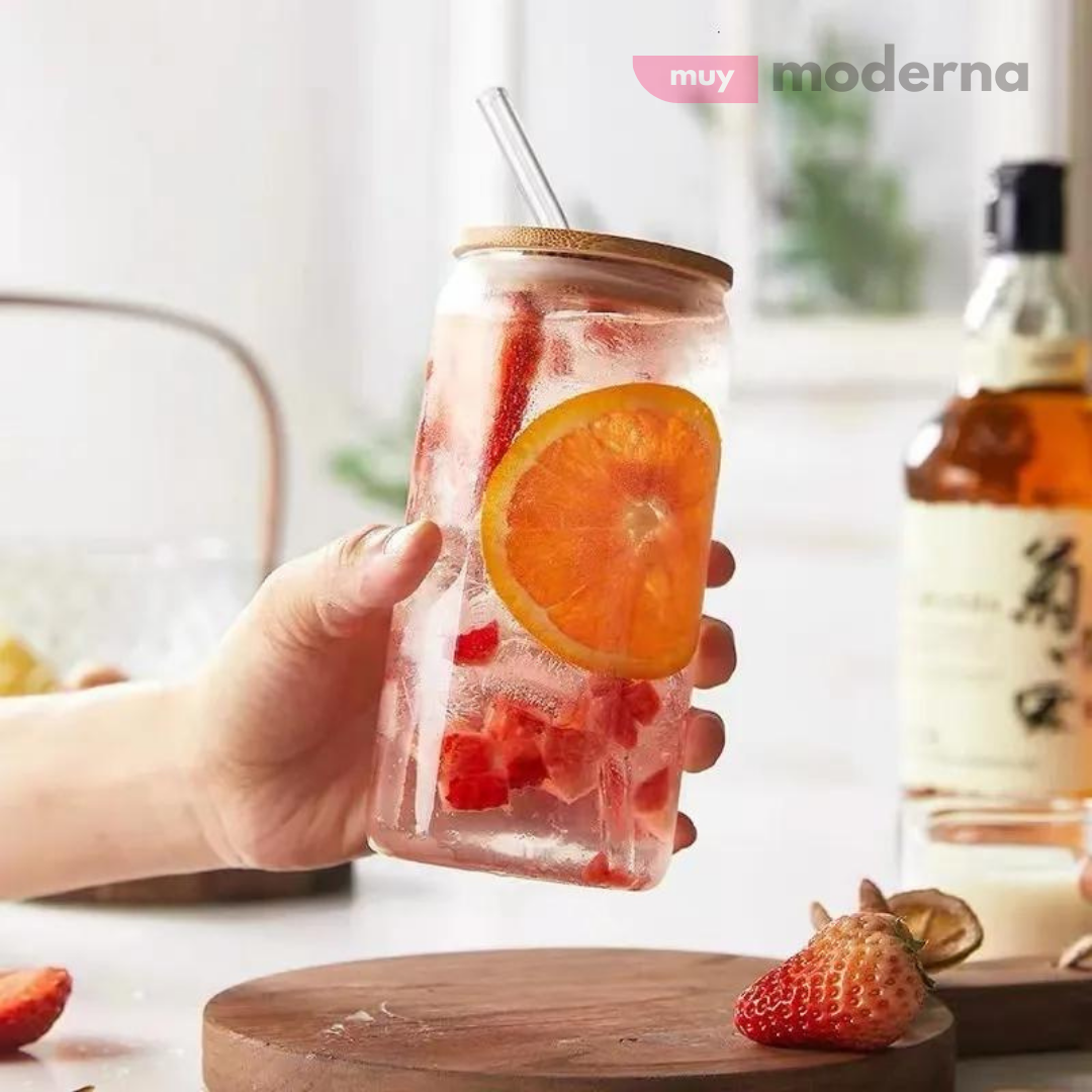 Vaso de Vidrio Resistente con Tapa de Bambu