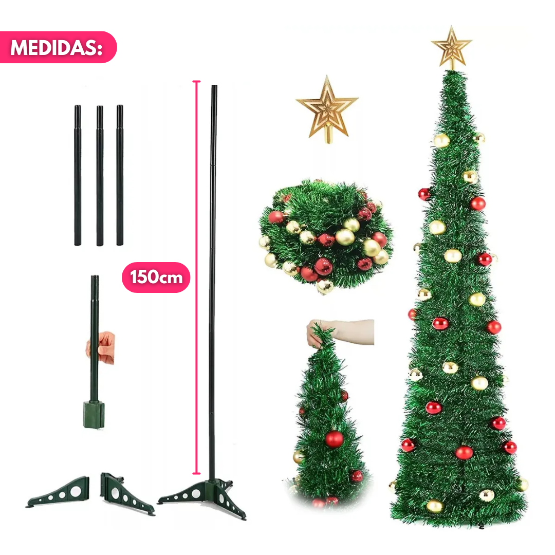 Árbol Navideño Autoarmable 150 cm Plegable con Luces LED y Adornos Incluidos