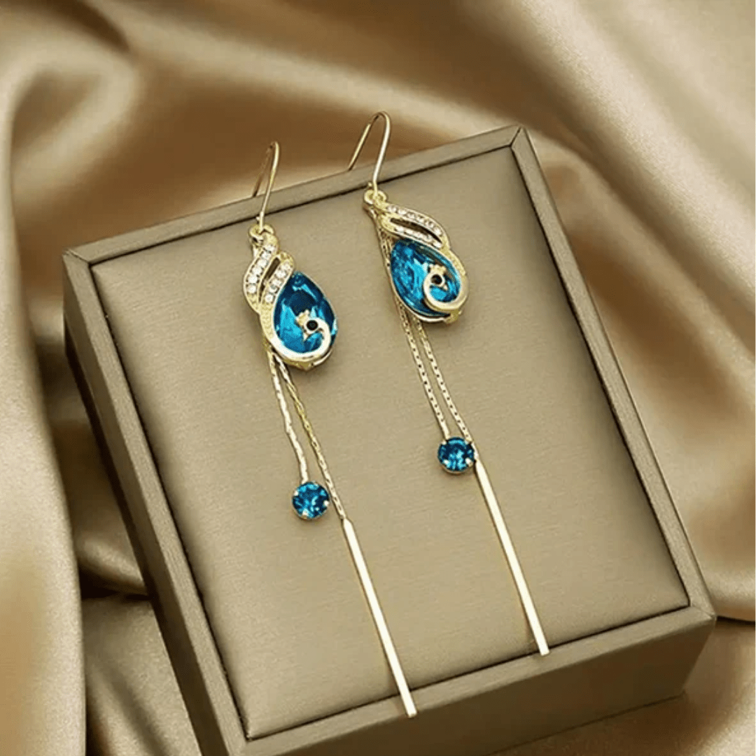 Caravanas Enchapadas En Oro 18K - Pavo Real Con Cristal Azul - Muy Moderna Uruguay