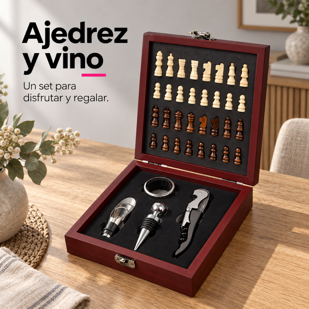 Set de Ajedrez con Accesorios para Vino en Caja de Madera