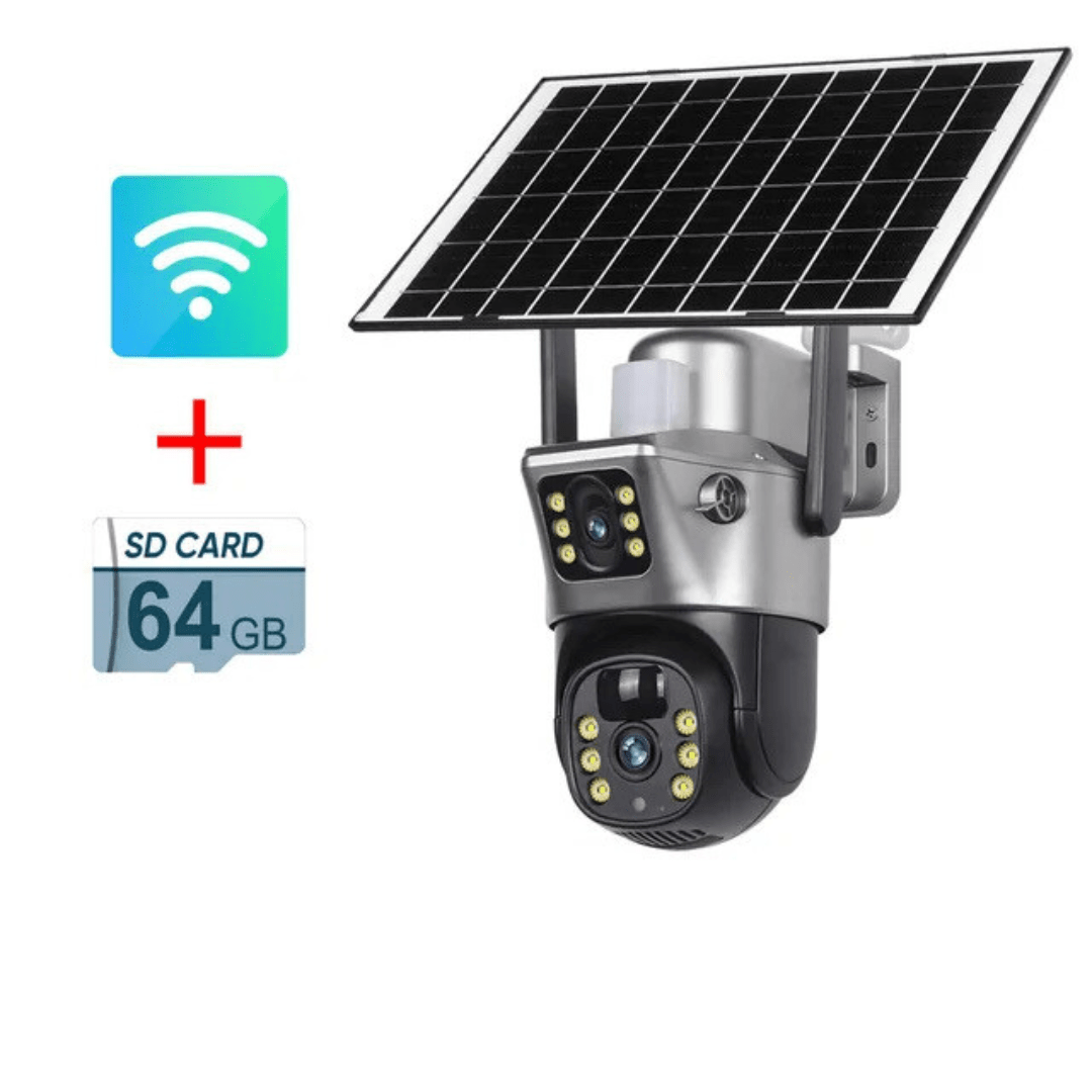 Cámara de Seguridad Doble Recargable con Panel Solar + 64gb Memoria - Muy Moderna Uruguay