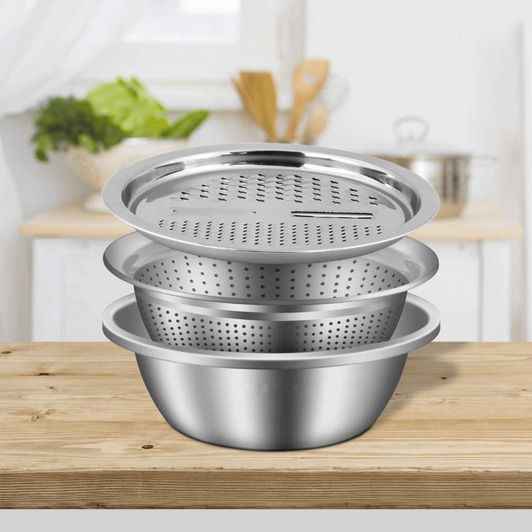 Set 3 en 1 Bowl Con Colador y Rallador en Acero Inoxidable - Muy Moderna Uruguay