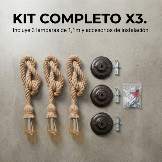 Kit 3 Lámparas Colgantes de Techo con Cuerda Rústica Vintage