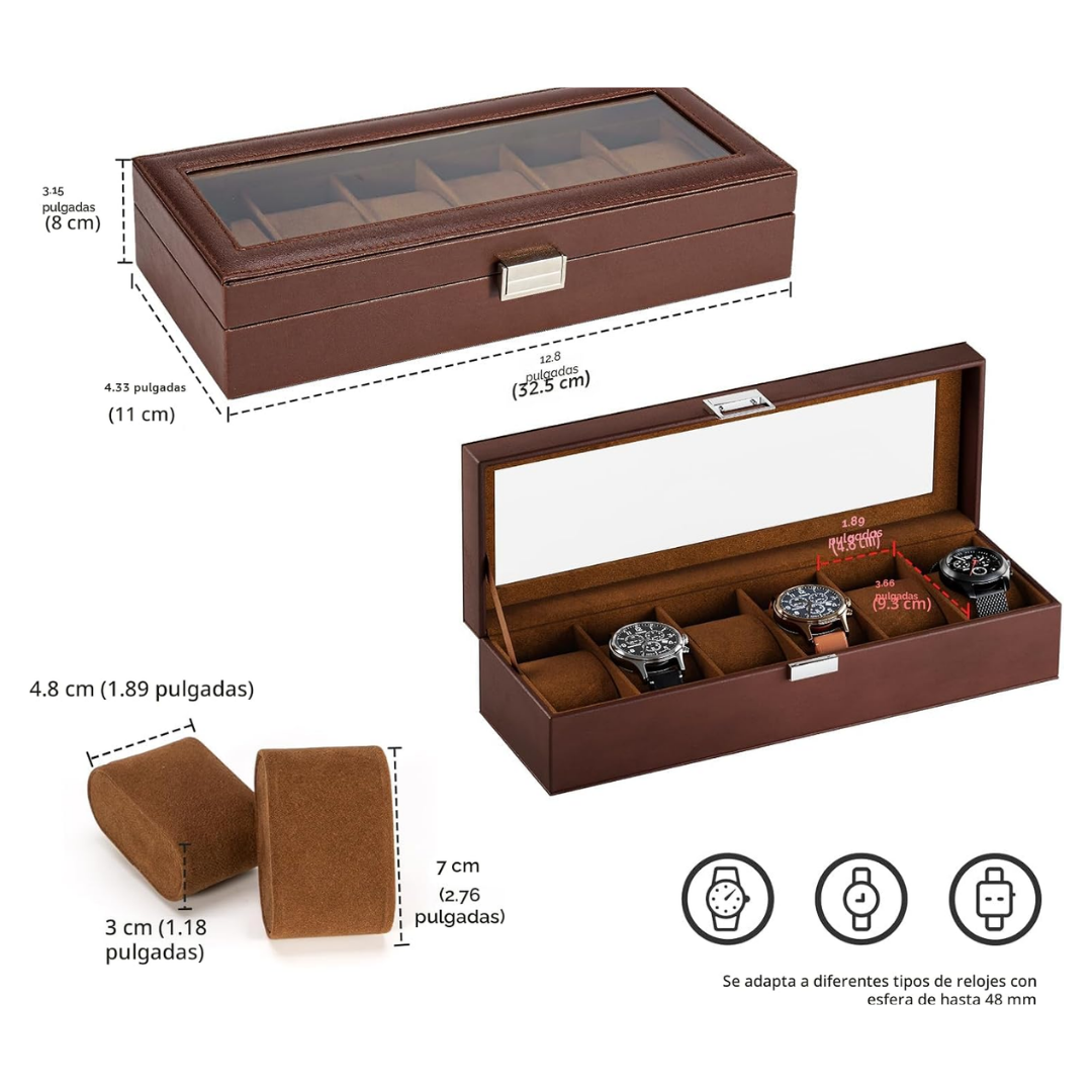 Caja Organizadora Relojes 6 Ranuras Simil Cuero Tapa Vidrio