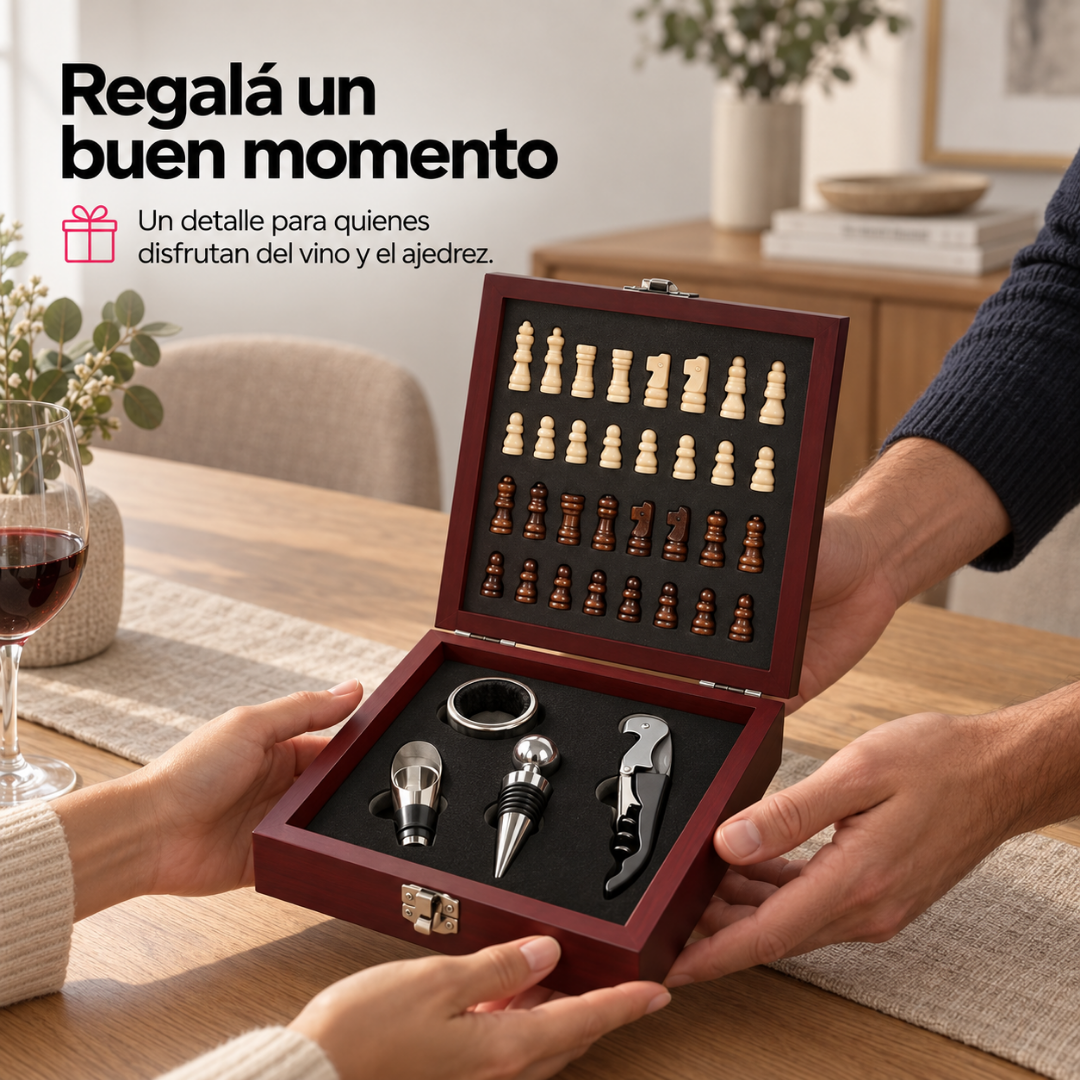 Set de Ajedrez con Accesorios para Vino en Caja de Madera