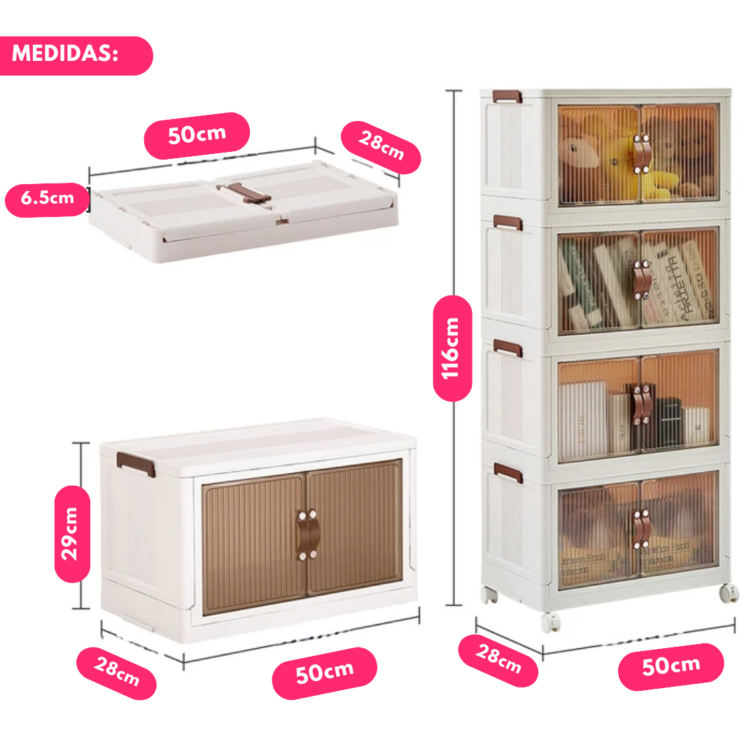 Set De 4 Cajas Organizadoras Apilables Con Puertas Transparentes y Ruedas