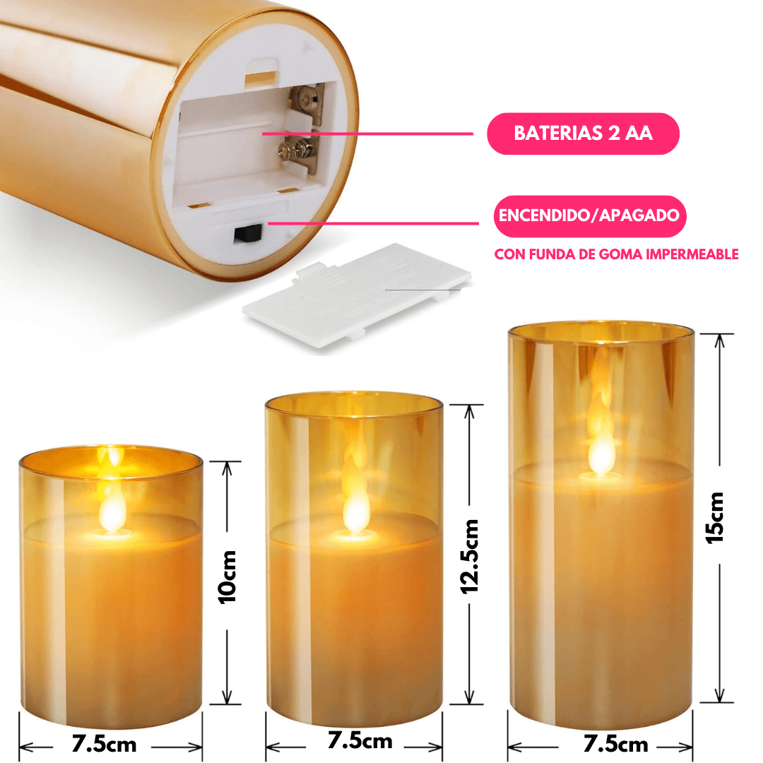 Pack x3 Velas LED de Vidrio con Control Remoto - Muy Moderna Uruguay