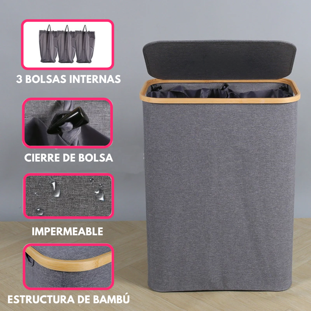 Canasto Cesto Separador De Ropa Sucia Bambú Grande con Tapa