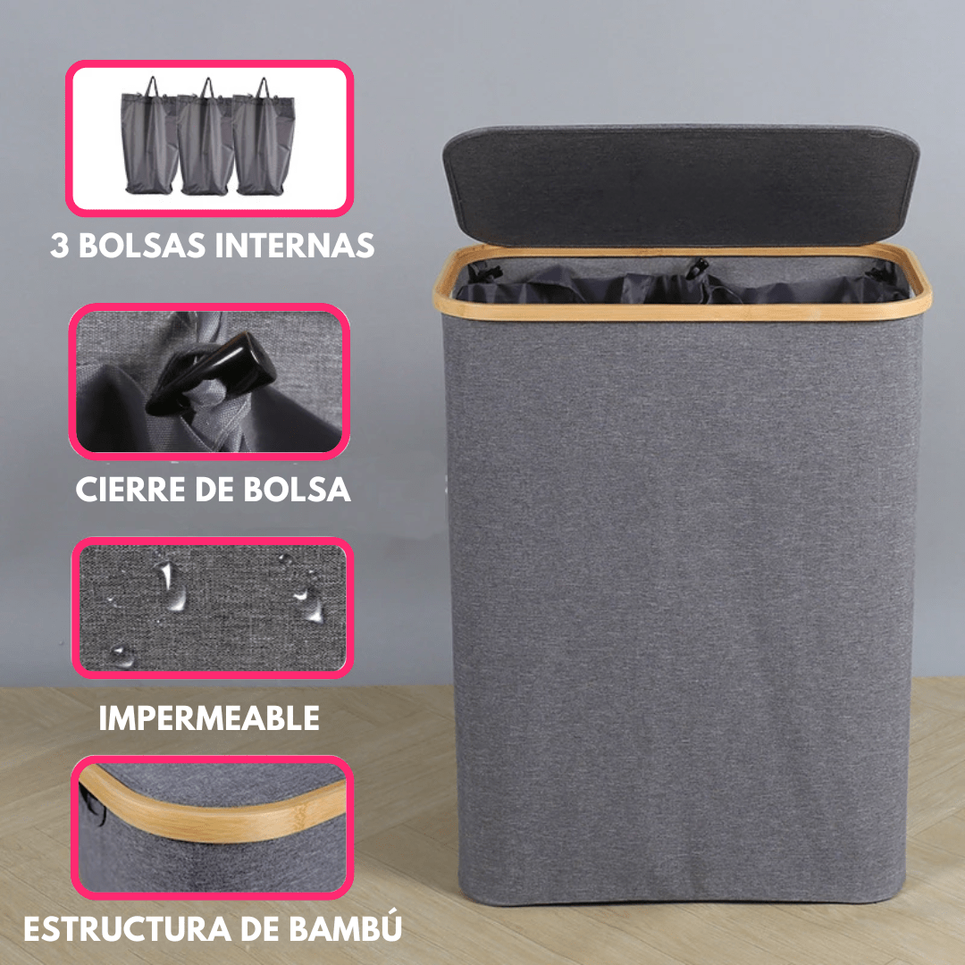 Canasto Cesto Separador De Ropa Sucia Bambú Grande con Tapa - Muy Moderna Uruguay