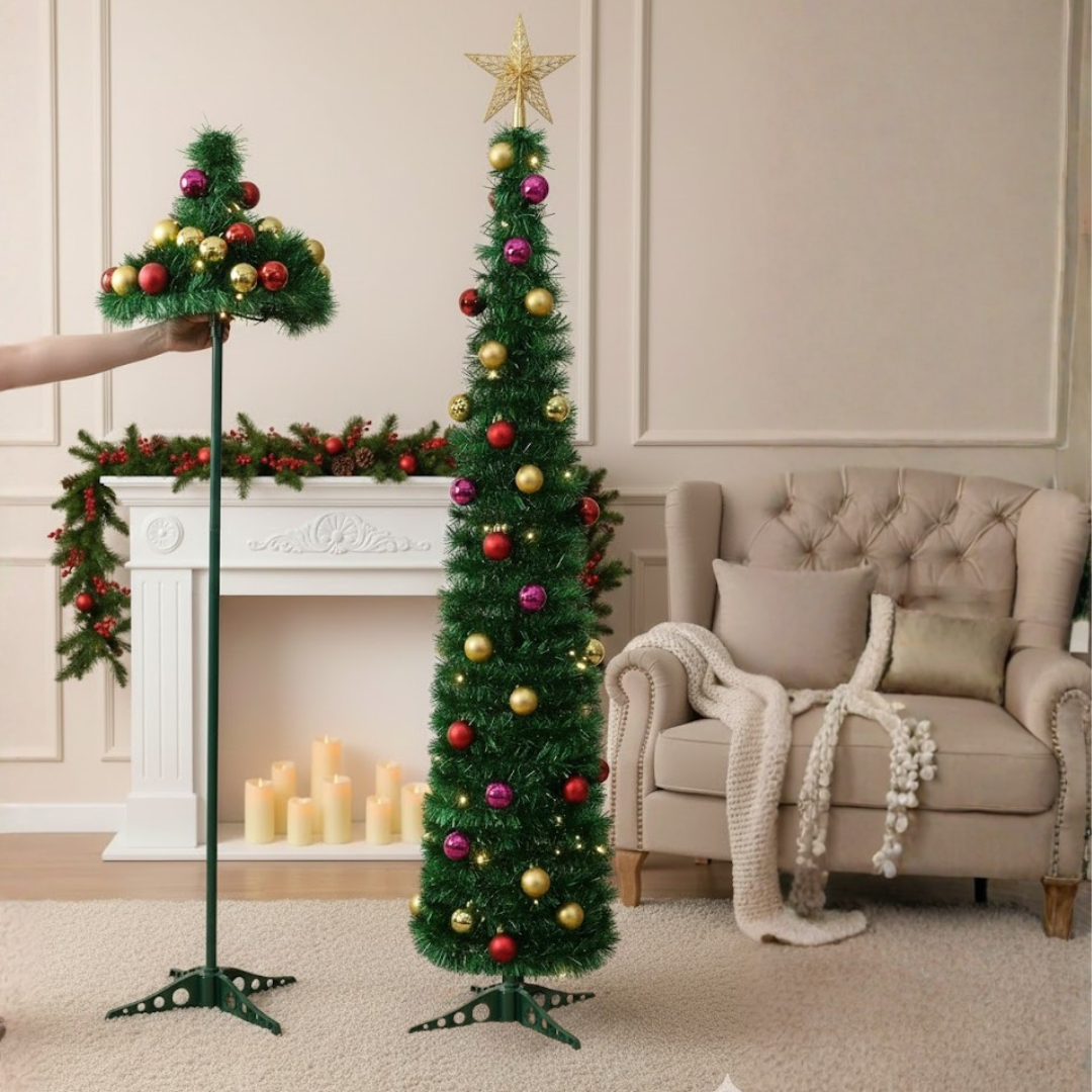 Árbol Navideño Autoarmable 150 cm Plegable con Luces LED y Adornos Incluidos