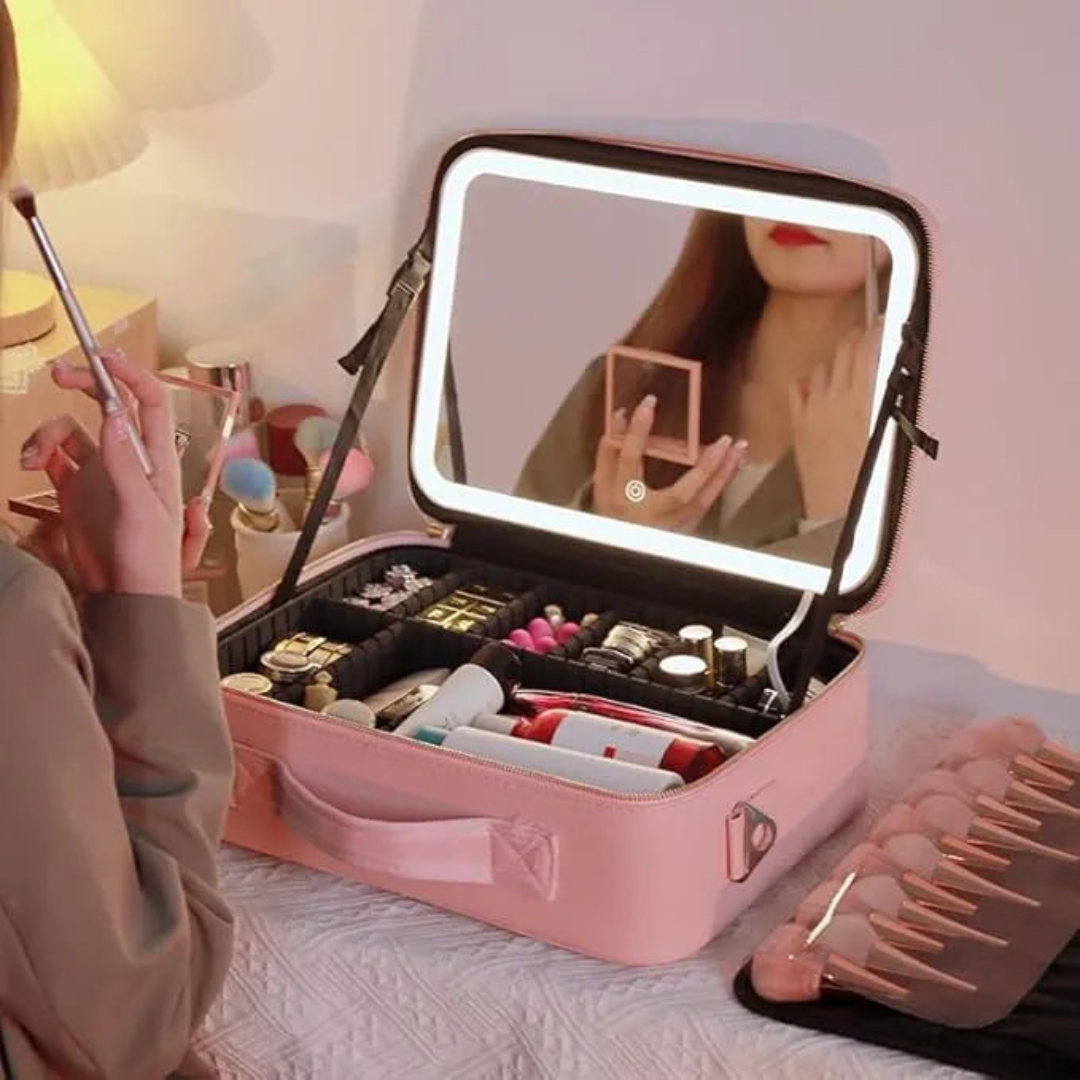 Maletín Neceser Maquillaje Portátil con Espejo LED