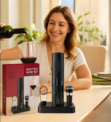 Set para Vinos: Sacacorchos electrico, Cortador y Aireador