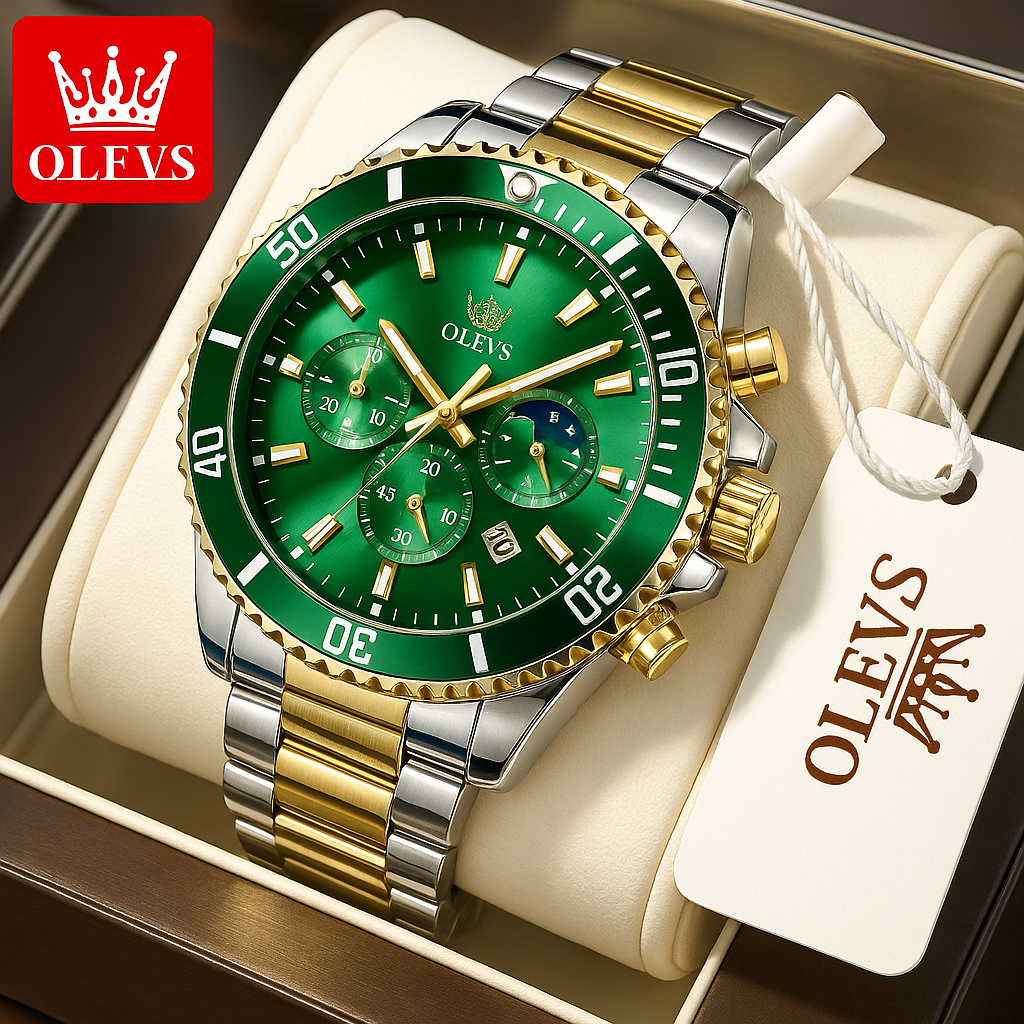 Reloj Olevs de Lujo Sumergible Fase Lunar Y Cronógrafo