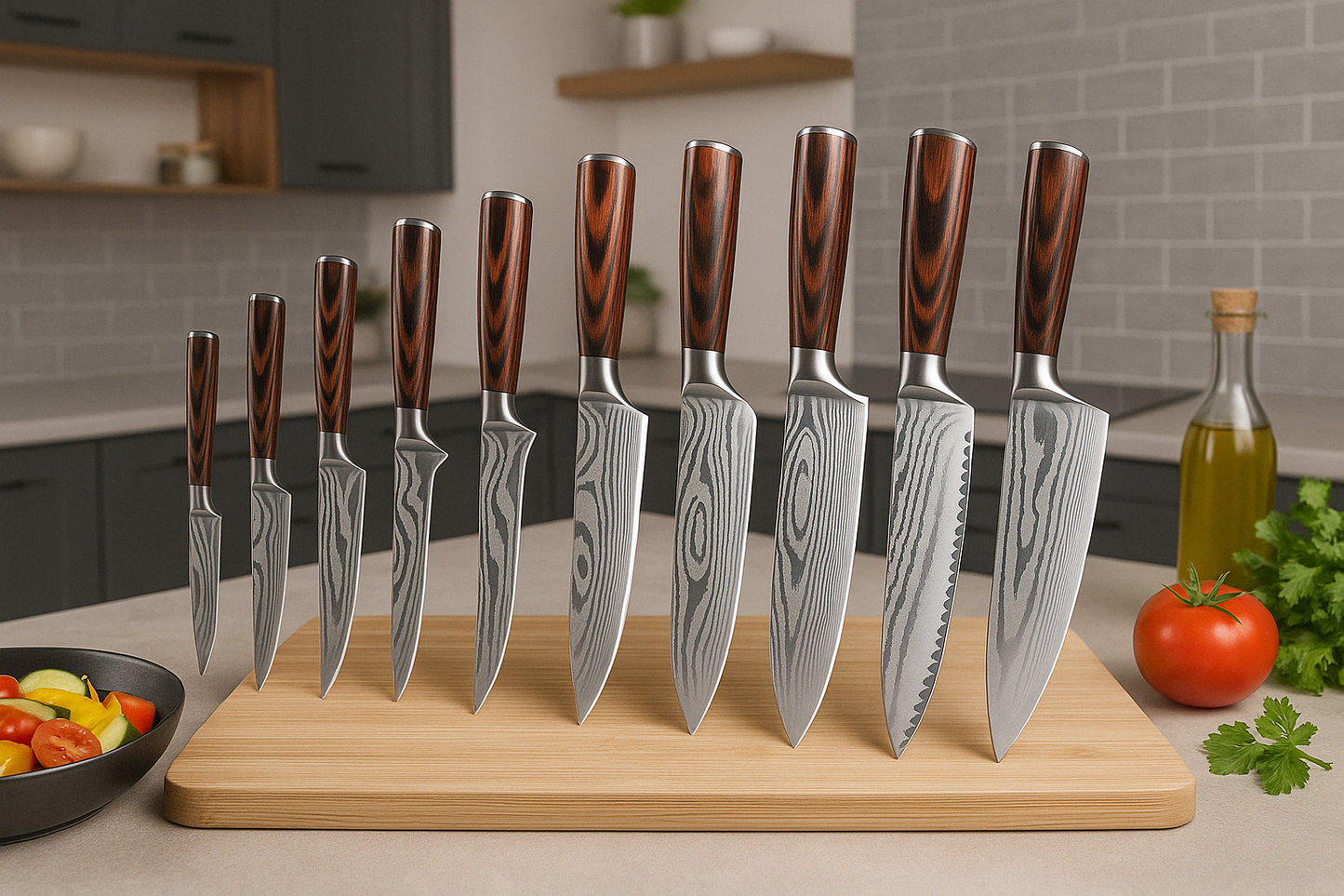 Set Completo 9 Cuchillos de Cocina en Acero Inoxidable y Carbono