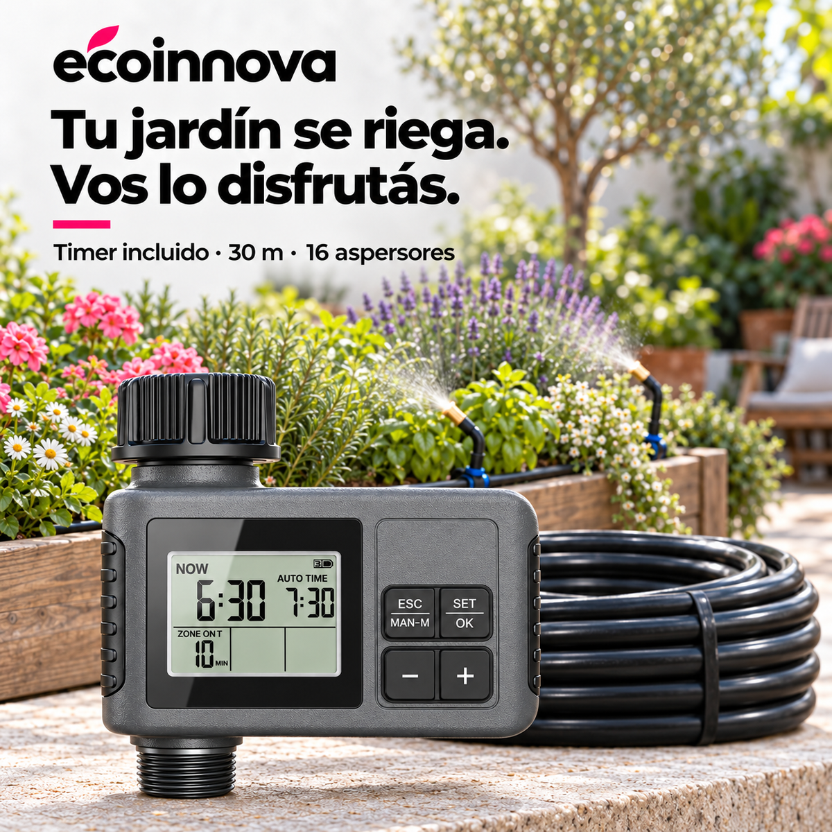 Kit Riego Automático ecoinnova con Timer Manguera y Aspersores