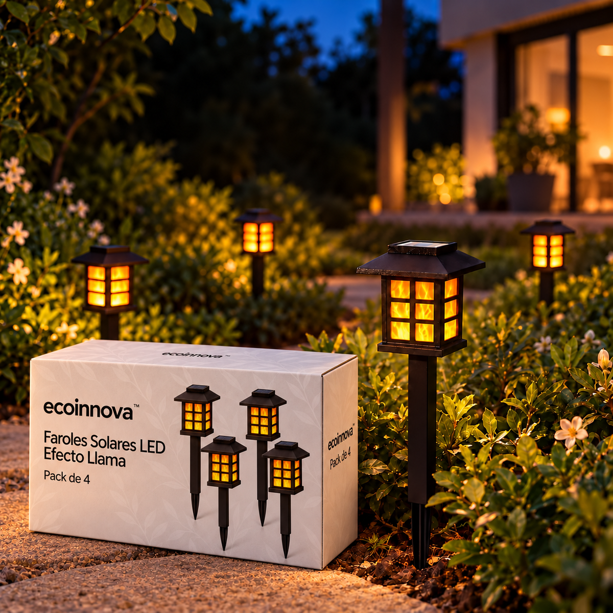 Faroles Solares LED Efecto Llama Ecoinnova · Pack x4