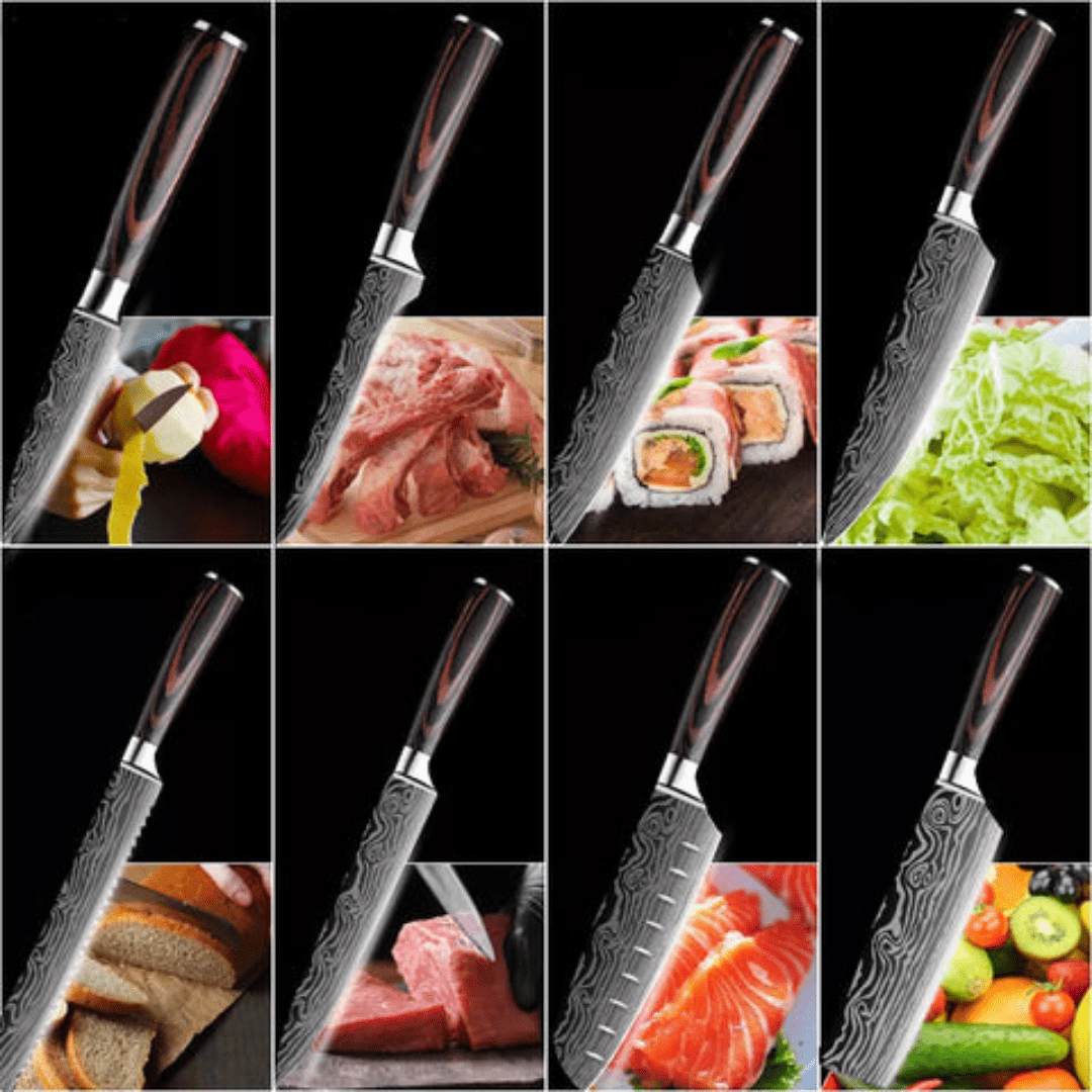 Set Completo 9 Cuchillos de Cocina en Acero Inoxidable y Carbono - Muy Moderna Uruguay